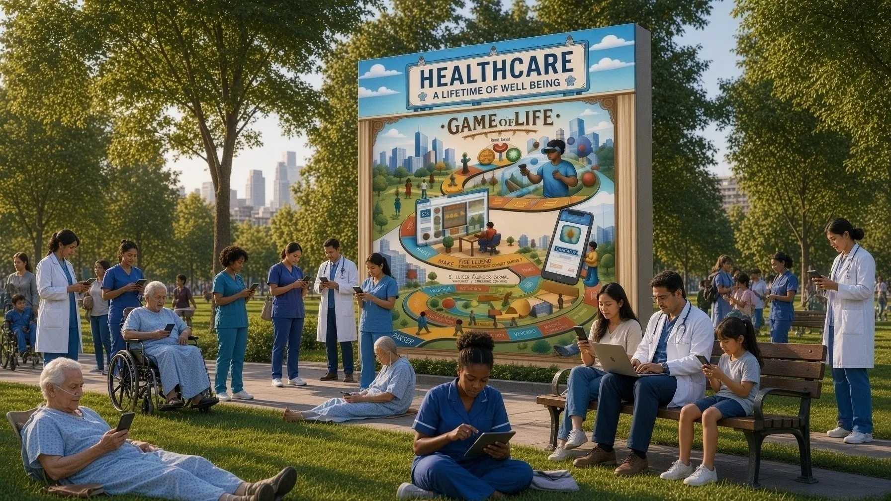 The Game of Life billboard with a crowd in the healthcare park