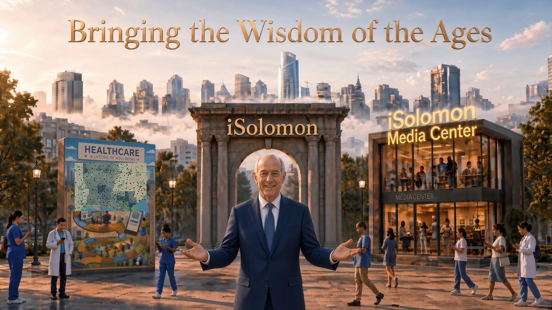 The iSolomon plaza: the Healthcare billboard, the arch, the Media Center